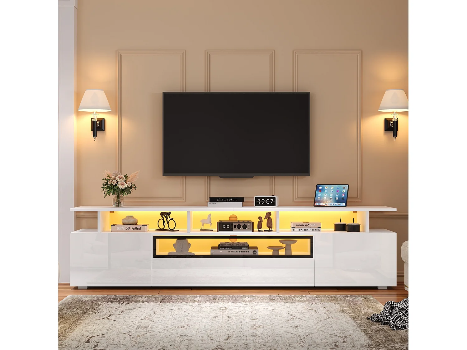 Meuble TV blanc avec 2 portes, LED et 1 tiroir, rangement multicouche 180x38x45cm