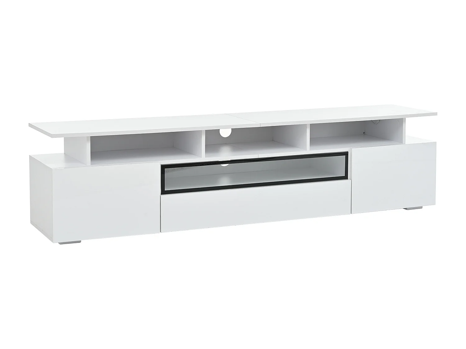 Meuble TV blanc avec 2 portes, LED et 1 tiroir, rangement multicouche 180x38x45cm