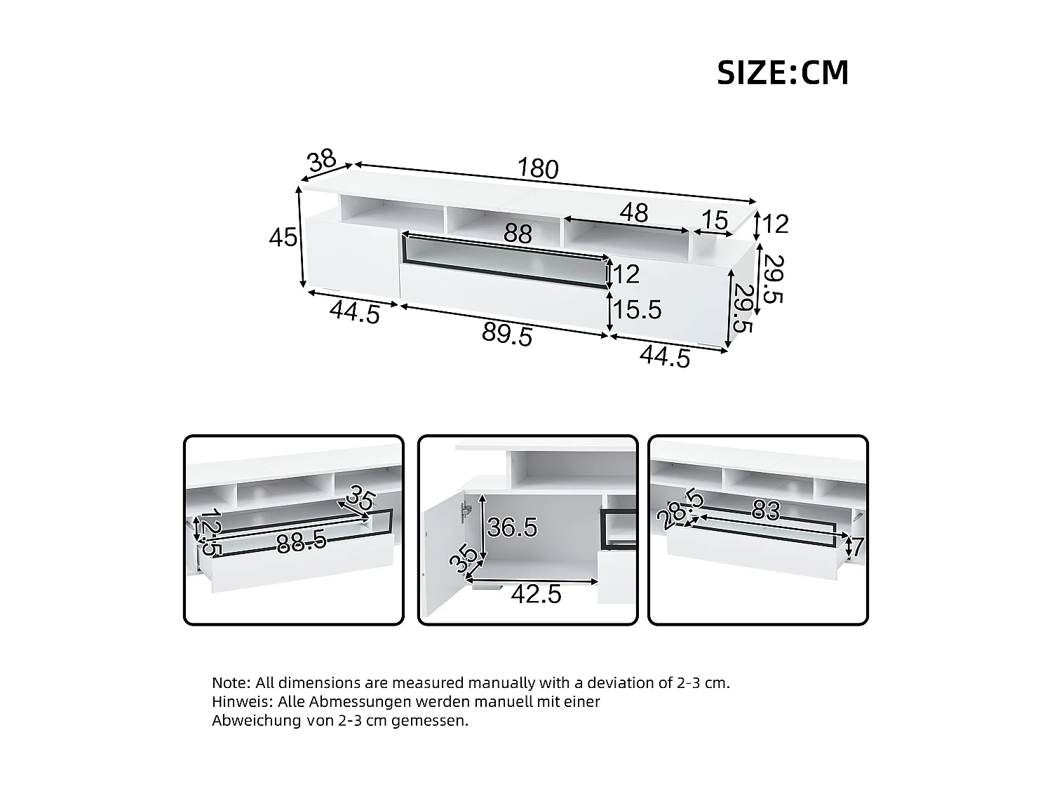Meuble TV blanc avec 2 portes, LED et 1 tiroir, rangement multicouche 180x38x45cm