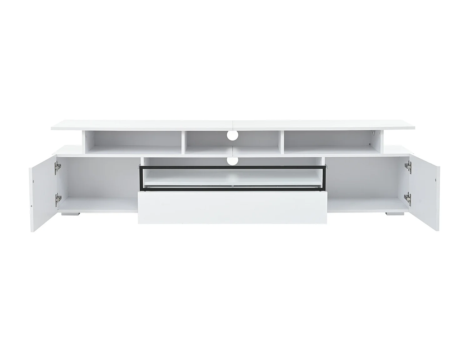 Meuble TV blanc avec 2 portes, LED et 1 tiroir, rangement multicouche 180x38x45cm