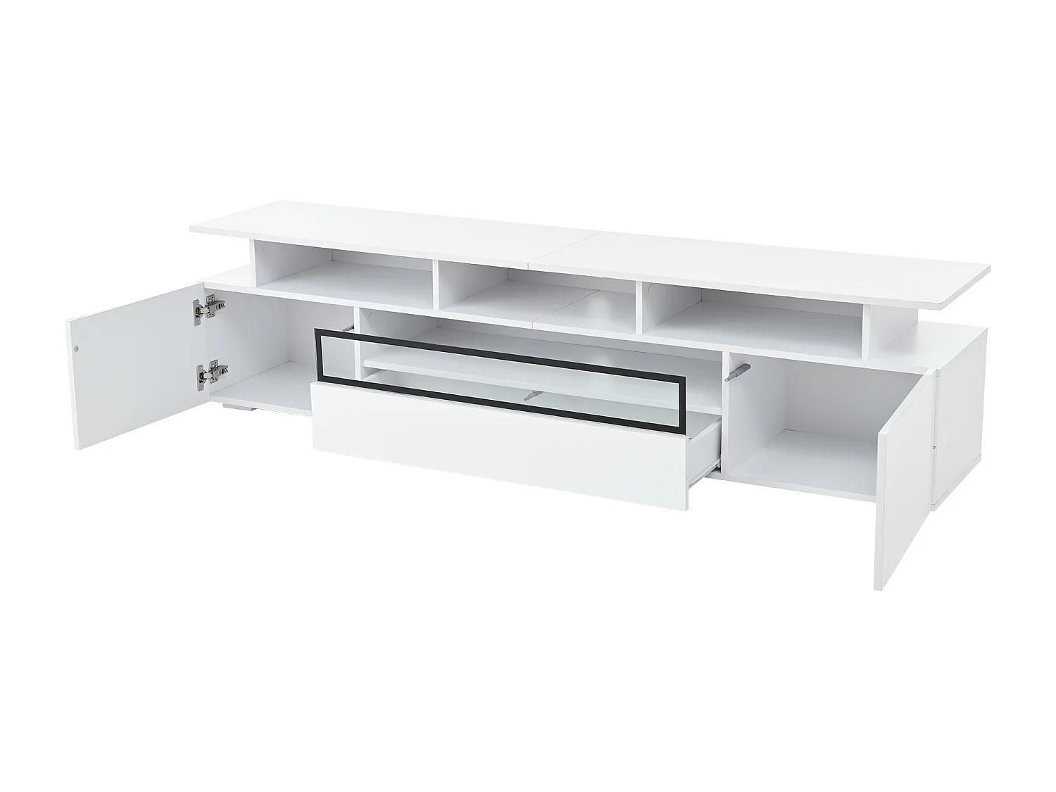 Meuble TV blanc avec 2 portes, LED et 1 tiroir, rangement multicouche 180x38x45cm