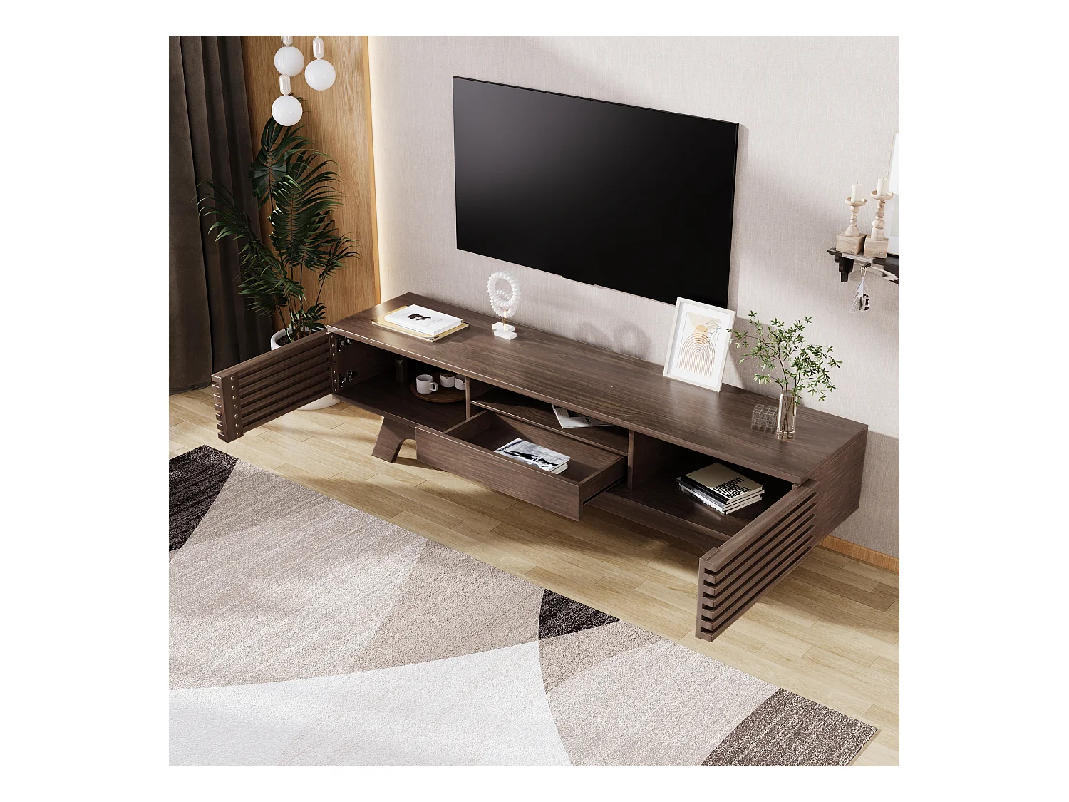 Meuble TV en noyer foncé avec 2 portes et 1 tiroir, design portes à lattes en bois 150x35x44cm