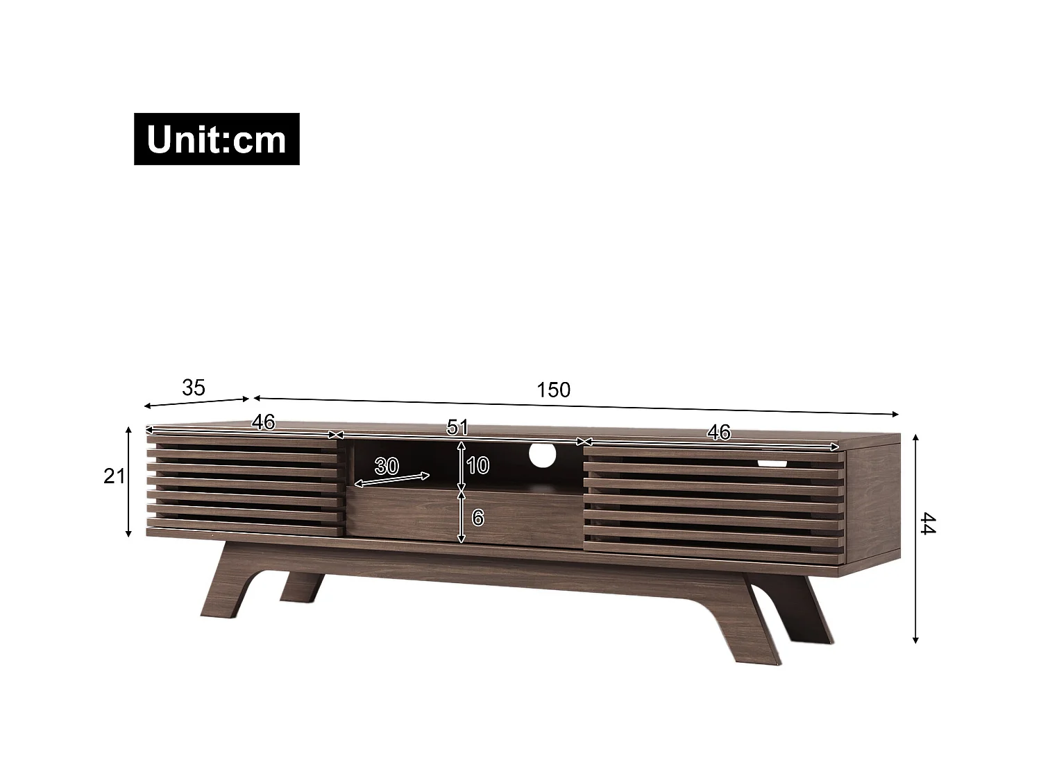 Meuble TV en noyer foncé avec 2 portes et 1 tiroir, design portes à lattes en bois 150x35x44cm