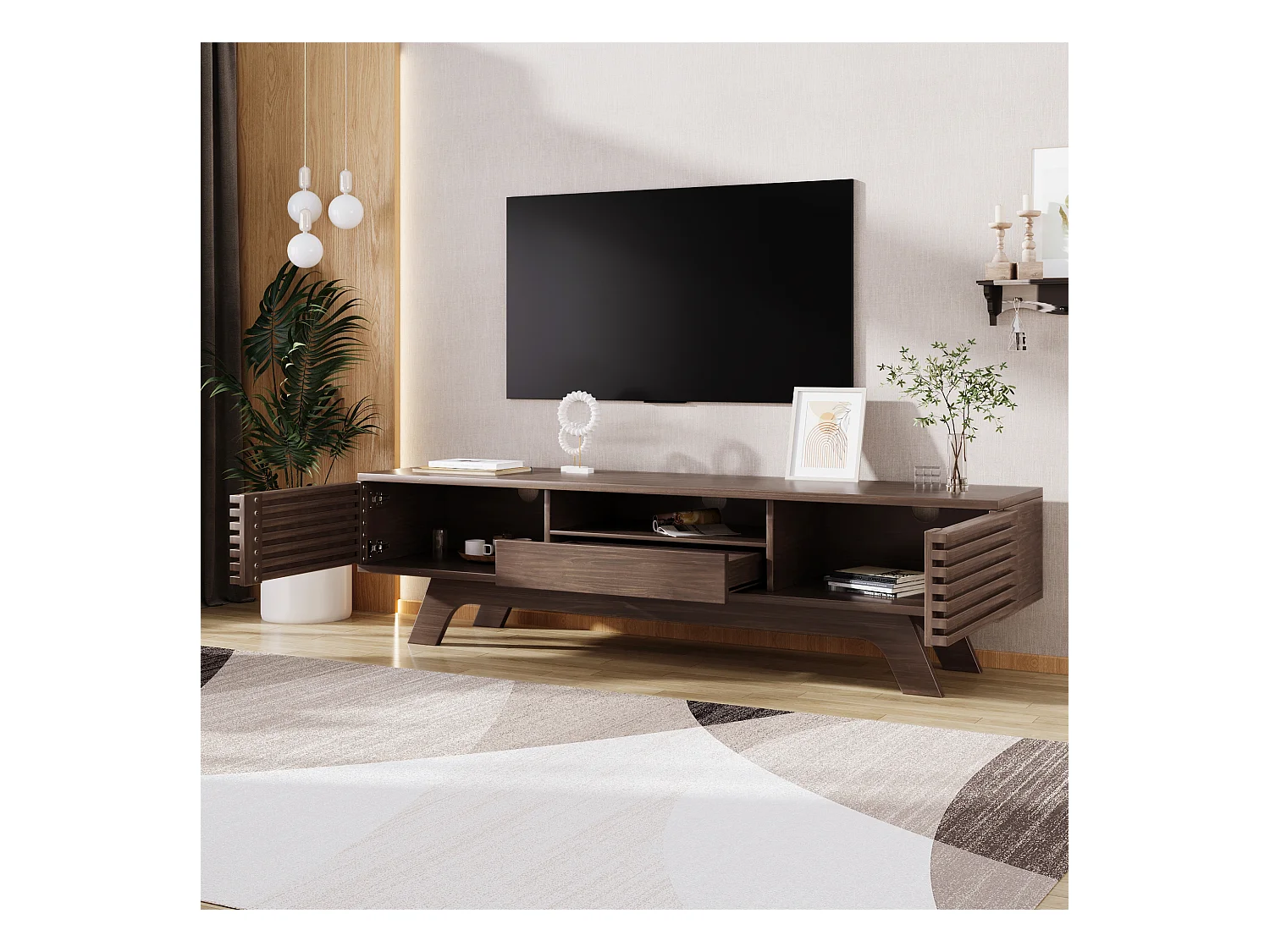Meuble TV en noyer foncé avec 2 portes et 1 tiroir, design portes à lattes en bois 150x35x44cm