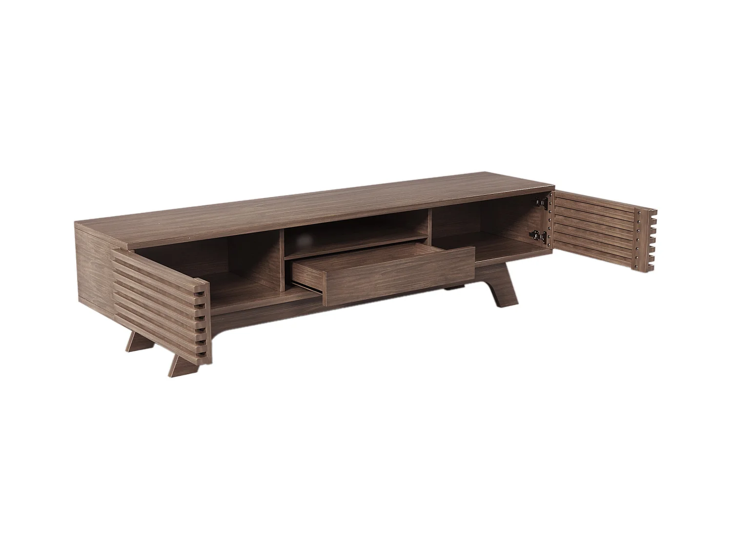 Meuble TV en noyer foncé avec 2 portes et 1 tiroir, design portes à lattes en bois 150x35x44cm