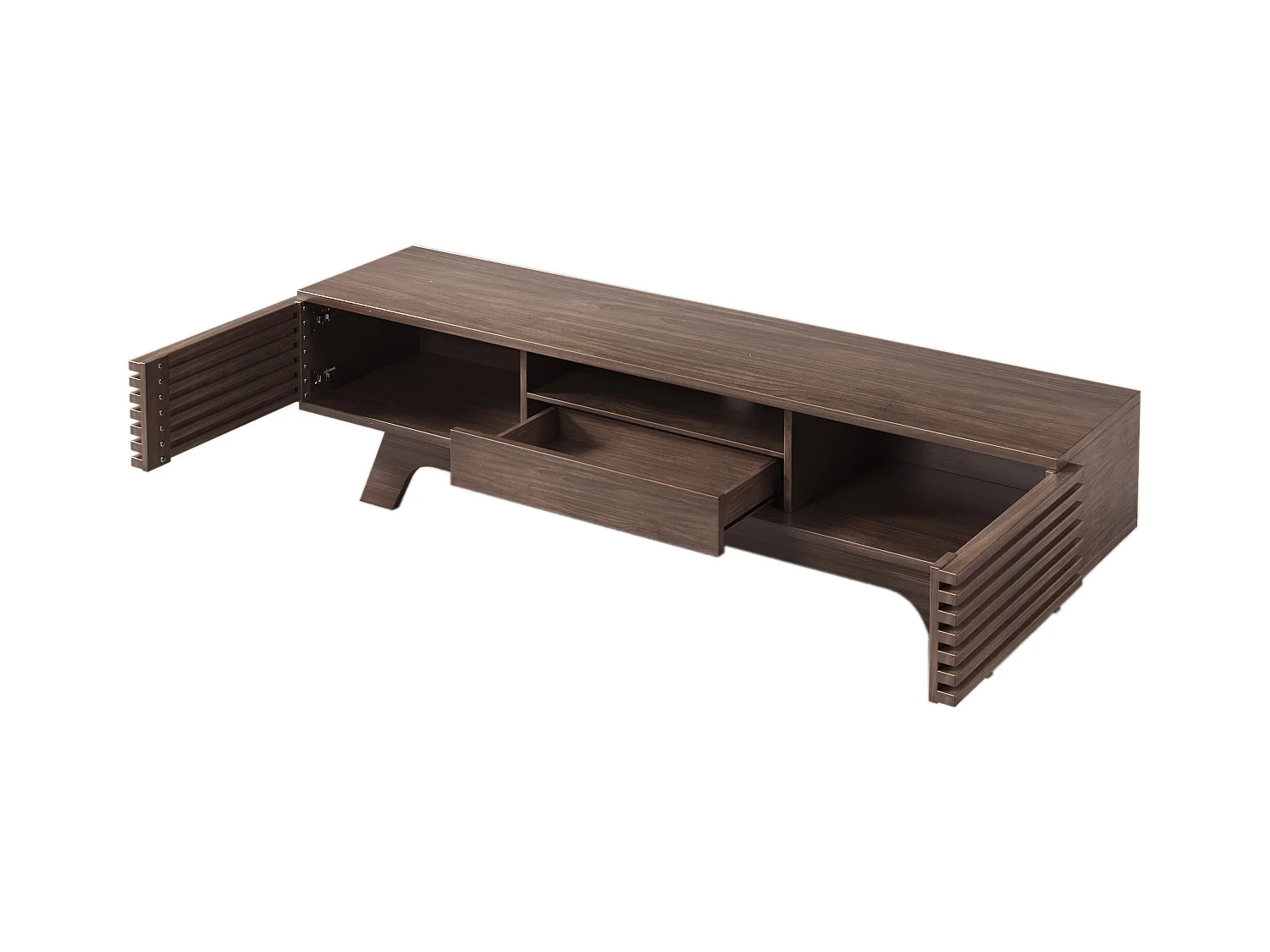 Meuble TV en noyer foncé avec 2 portes et 1 tiroir, design portes à lattes en bois 150x35x44cm