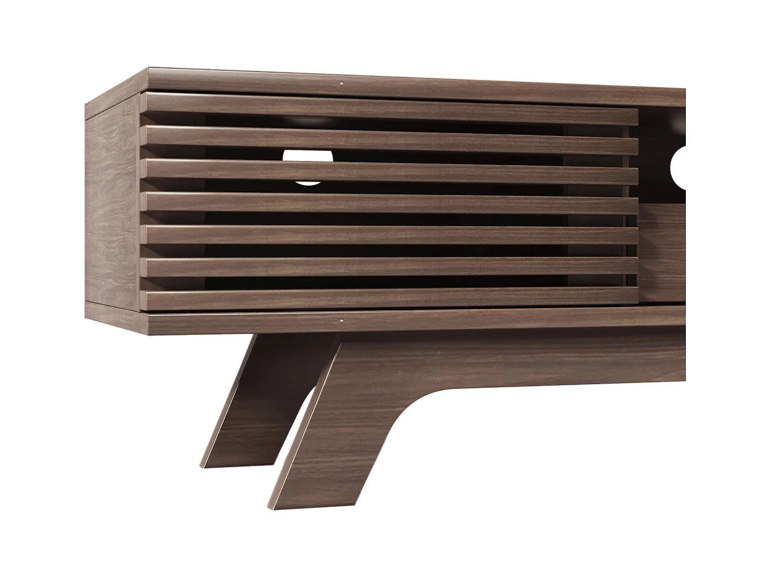 Meuble TV en noyer foncé avec 2 portes et 1 tiroir, design portes à lattes en bois 150x35x44cm