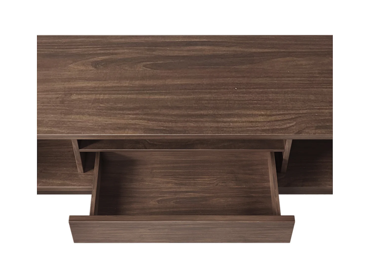 Meuble TV en noyer foncé avec 2 portes et 1 tiroir, design portes à lattes en bois 150x35x44cm