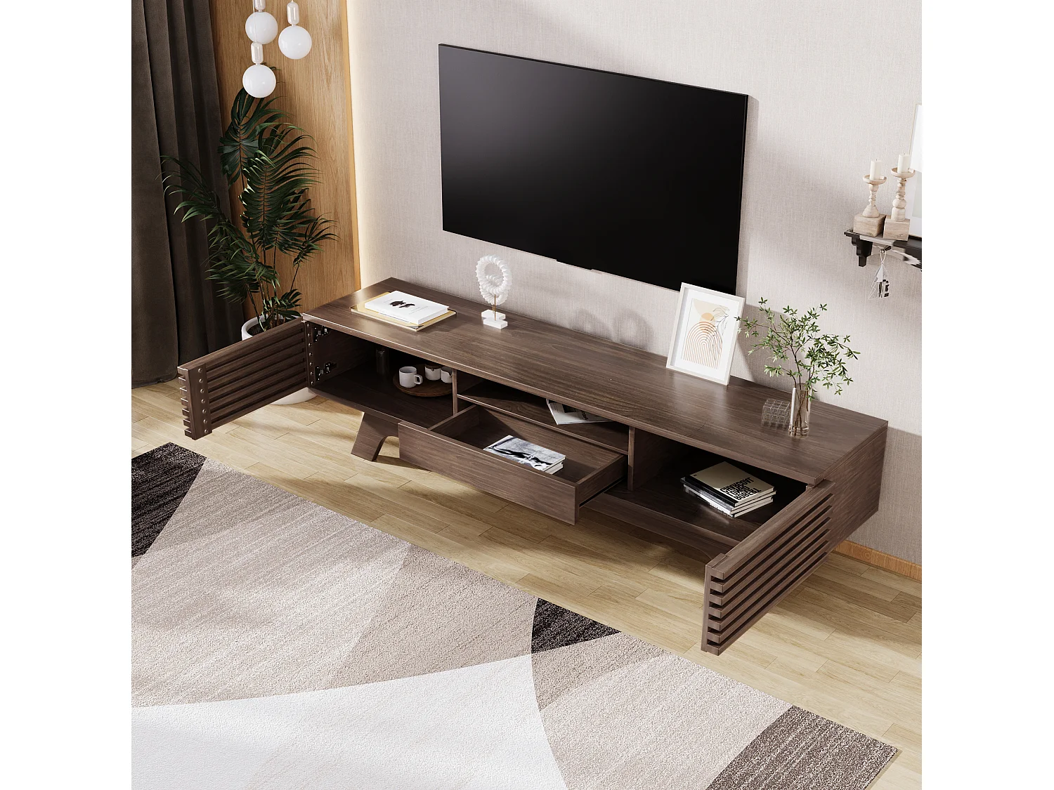 Donker notenhouten tv-meubel met 2 deuren en 1 lade, houten lamellendeurdesign 150x35x44cm