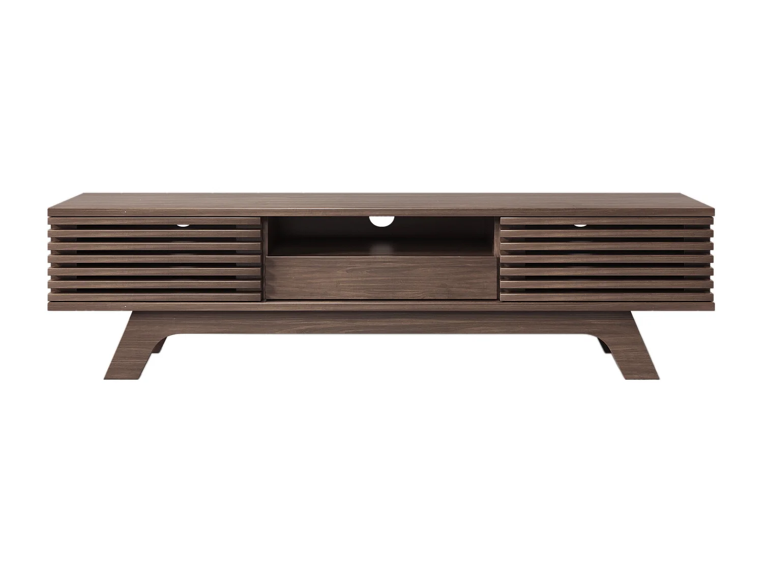 Donker notenhouten tv-meubel met 2 deuren en 1 lade, houten lamellendeurdesign 150x35x44cm