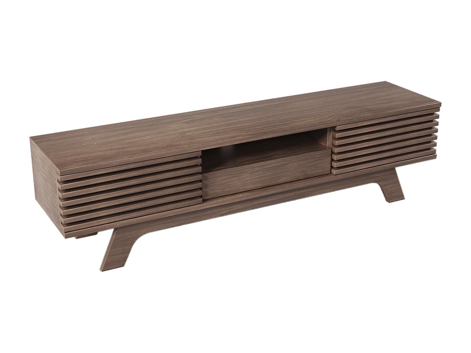 Donker notenhouten tv-meubel met 2 deuren en 1 lade, houten lamellendeurdesign 150x35x44cm