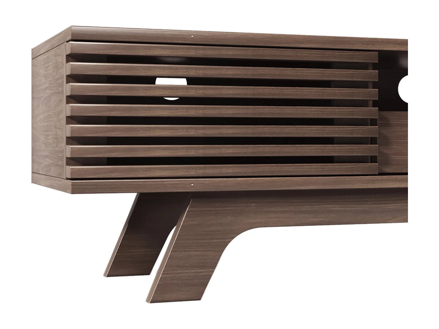 Donker notenhouten tv-meubel met 2 deuren en 1 lade, houten lamellendeurdesign 150x35x44cm