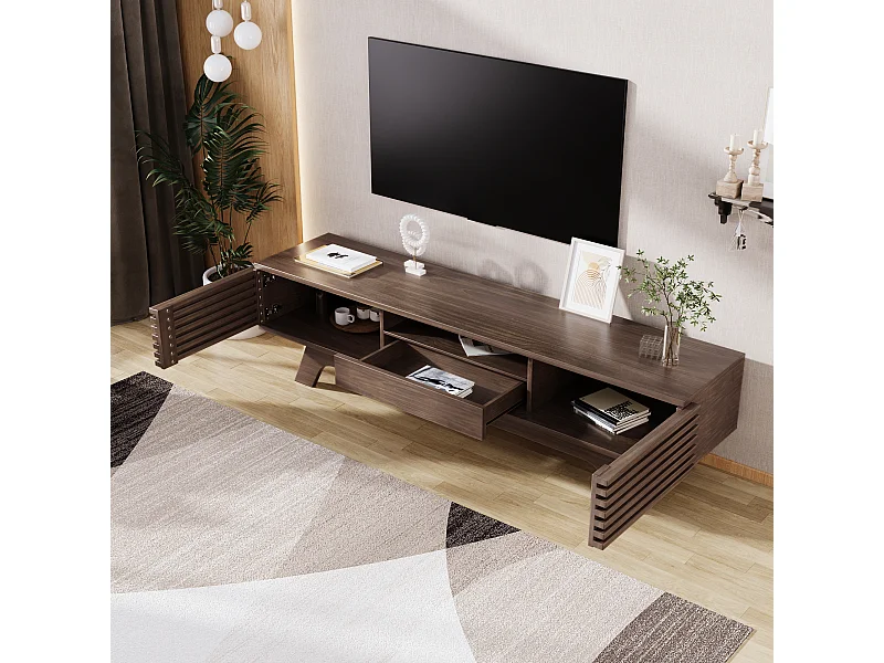 Donker notenhouten tv-meubel met 2 deuren en 1 lade, houten lamellendeurdesign 150x35x44cm