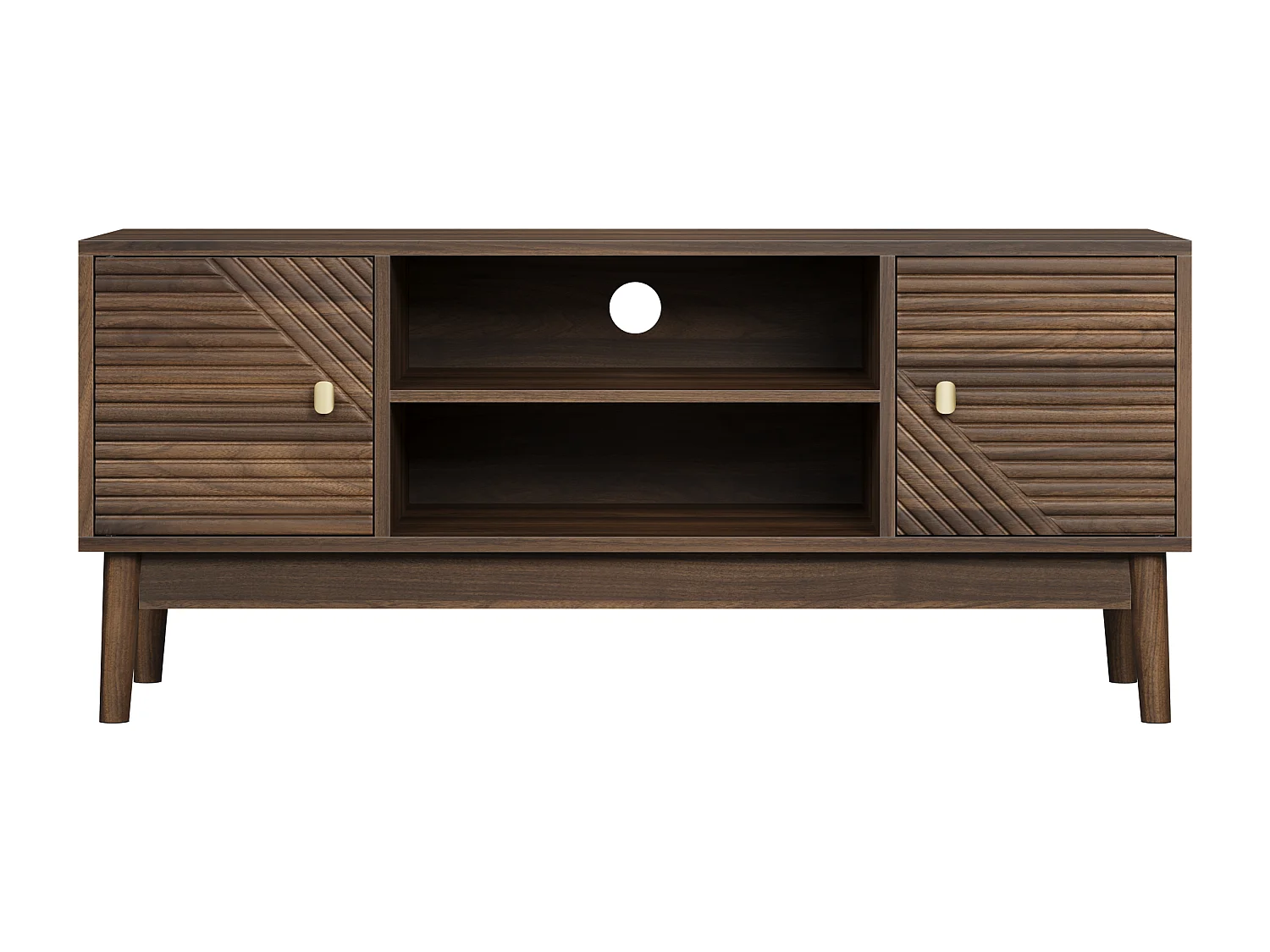 Meuble TV en noyer avec 2 portes et rangement ouvert, style rétro 110x40x48cm