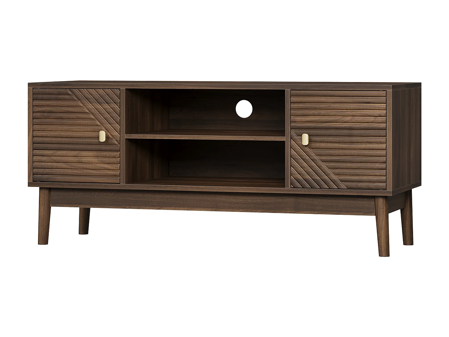 Meuble TV en noyer avec 2 portes et rangement ouvert, style rétro 110x40x48cm