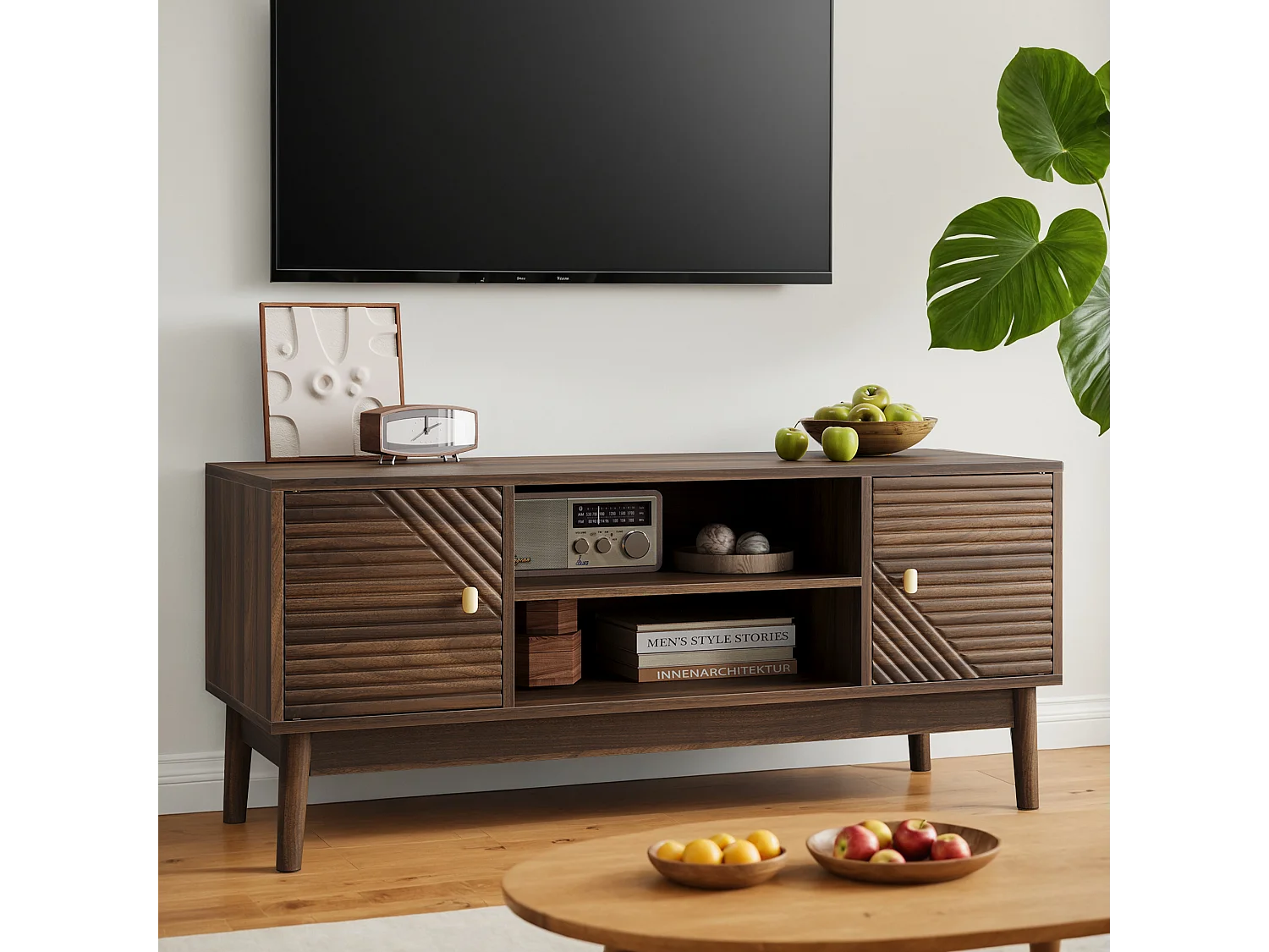 Meuble TV en noyer avec 2 portes et rangement ouvert, style rétro 110x40x48cm