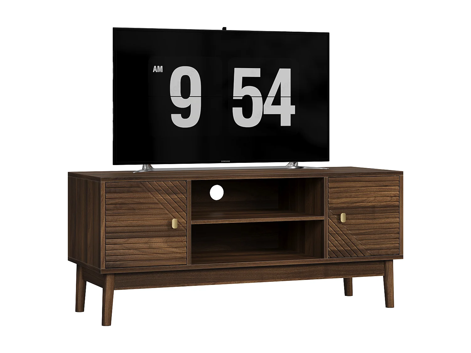 Meuble TV en noyer avec 2 portes et rangement ouvert, style rétro 110x40x48cm