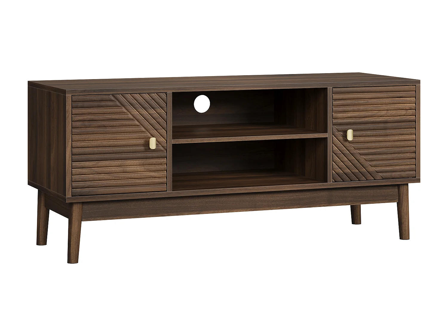Meuble TV en noyer avec 2 portes et rangement ouvert, style rétro 110x40x48cm