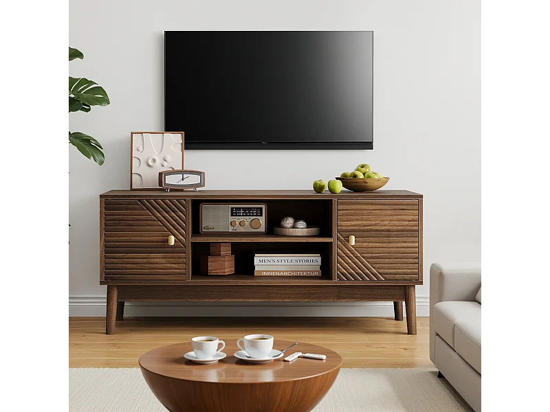 Meuble TV en noyer avec 2 portes et rangement ouvert, style rétro 110x40x48cm
