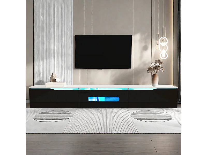 Meuble TV noir et blanc, longueur 180 cm, finition brillante, avec éclairage LED 16 couleurs, fixation murale possible