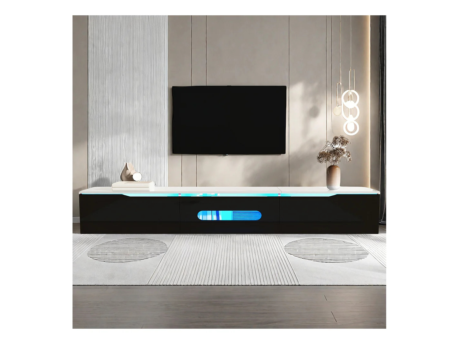 Móvel de TV preto e branco, comprimento 180 cm, acabamento brilhante, com iluminação LED de 16 cores, possibilidade de montagem na parede