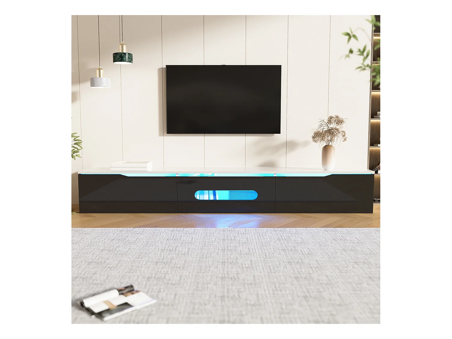 Móvel de TV preto e branco, comprimento 180 cm, acabamento brilhante, com iluminação LED de 16 cores, possibilidade de montagem na parede