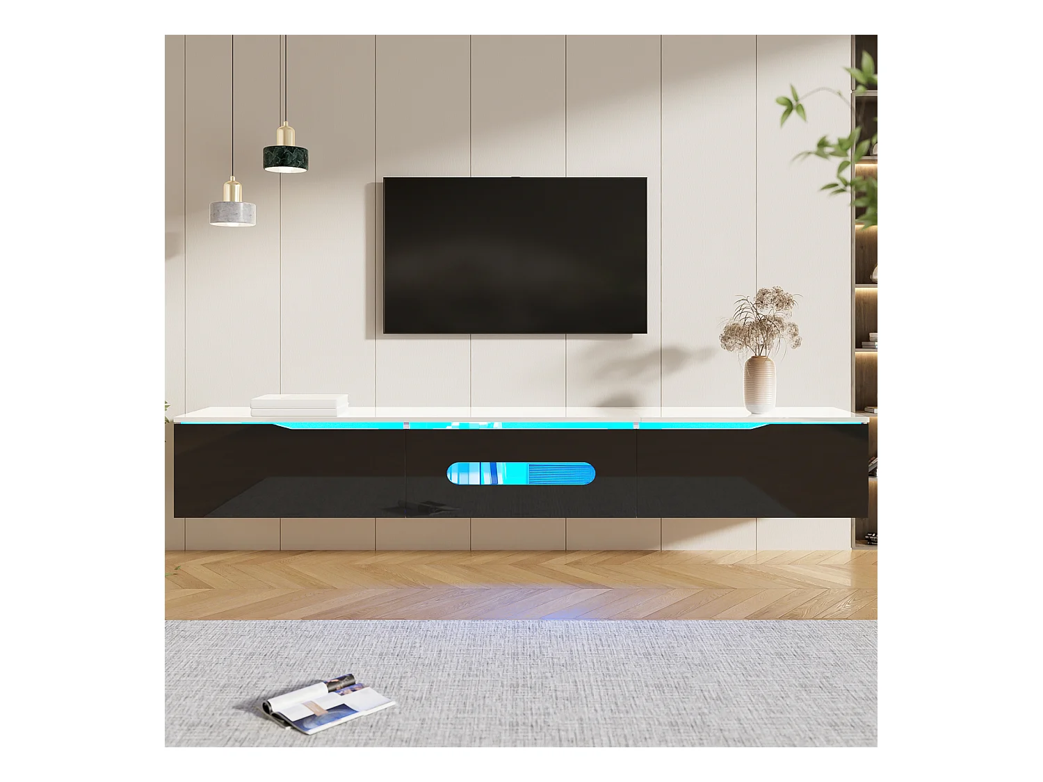 Móvel de TV preto e branco, comprimento 180 cm, acabamento brilhante, com iluminação LED de 16 cores, possibilidade de montagem na parede