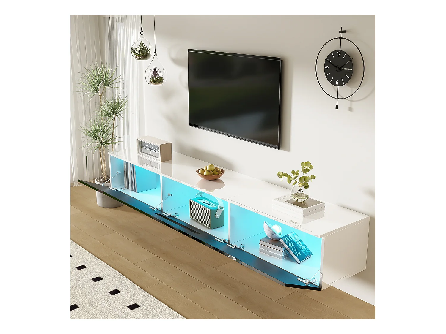 Meuble TV noir et blanc, longueur 180 cm, finition brillante, avec éclairage LED 16 couleurs, fixation murale possible