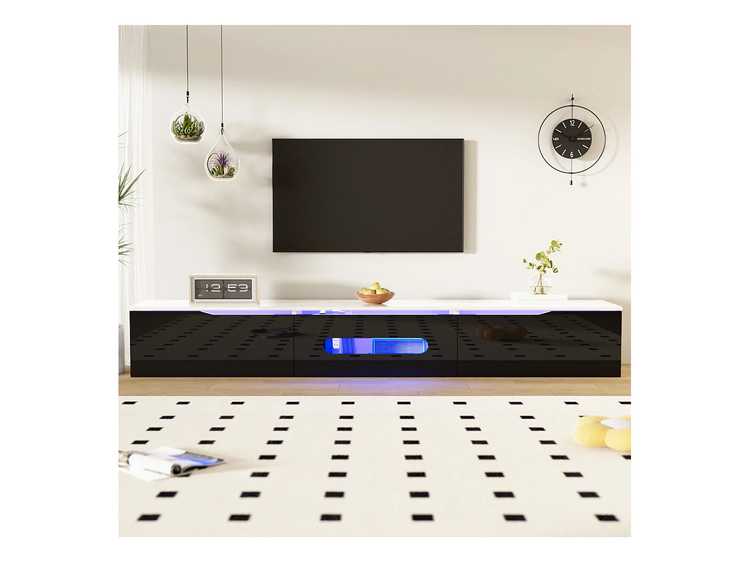 Meuble TV noir et blanc, longueur 180 cm, finition brillante, avec éclairage LED 16 couleurs, fixation murale possible