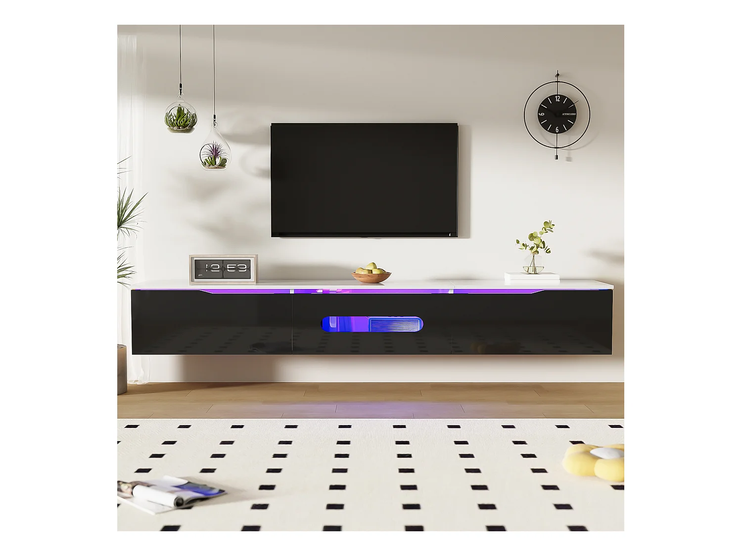 Meuble TV noir et blanc, longueur 180 cm, finition brillante, avec éclairage LED 16 couleurs, fixation murale possible