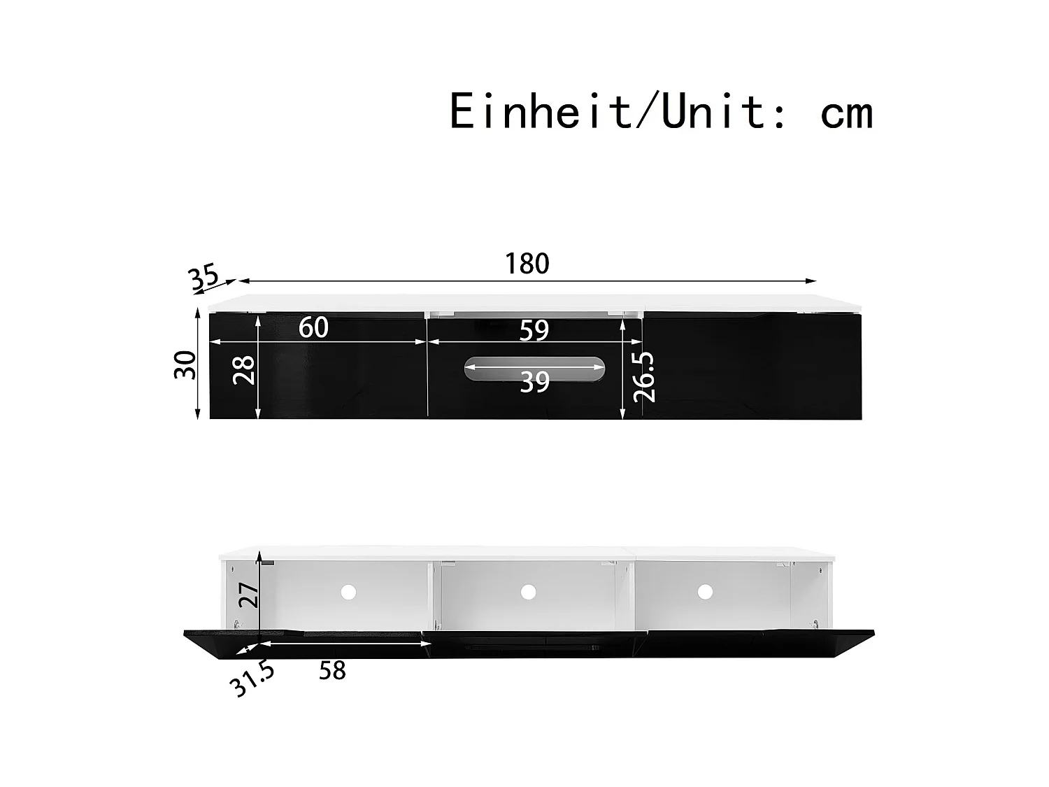 Meuble TV noir et blanc, longueur 180 cm, finition brillante, avec éclairage LED 16 couleurs, fixation murale possible