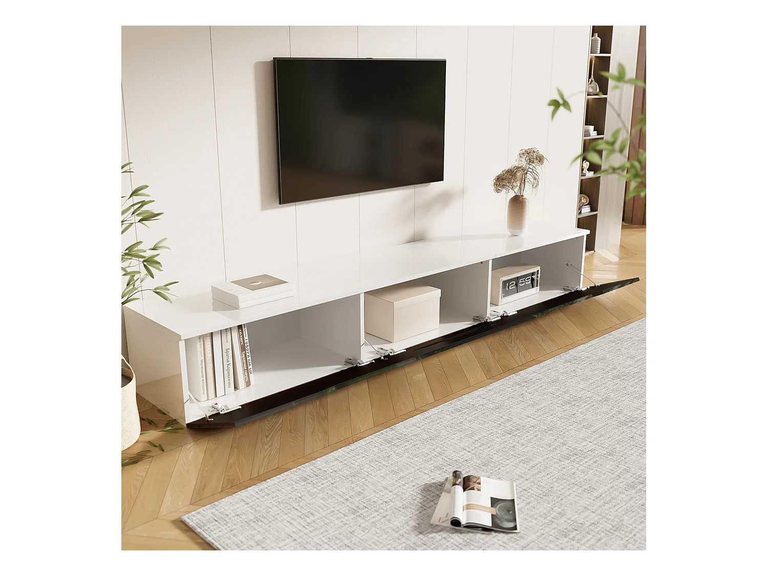 Meuble TV noir et blanc, longueur 180 cm, finition brillante, avec éclairage LED 16 couleurs, fixation murale possible