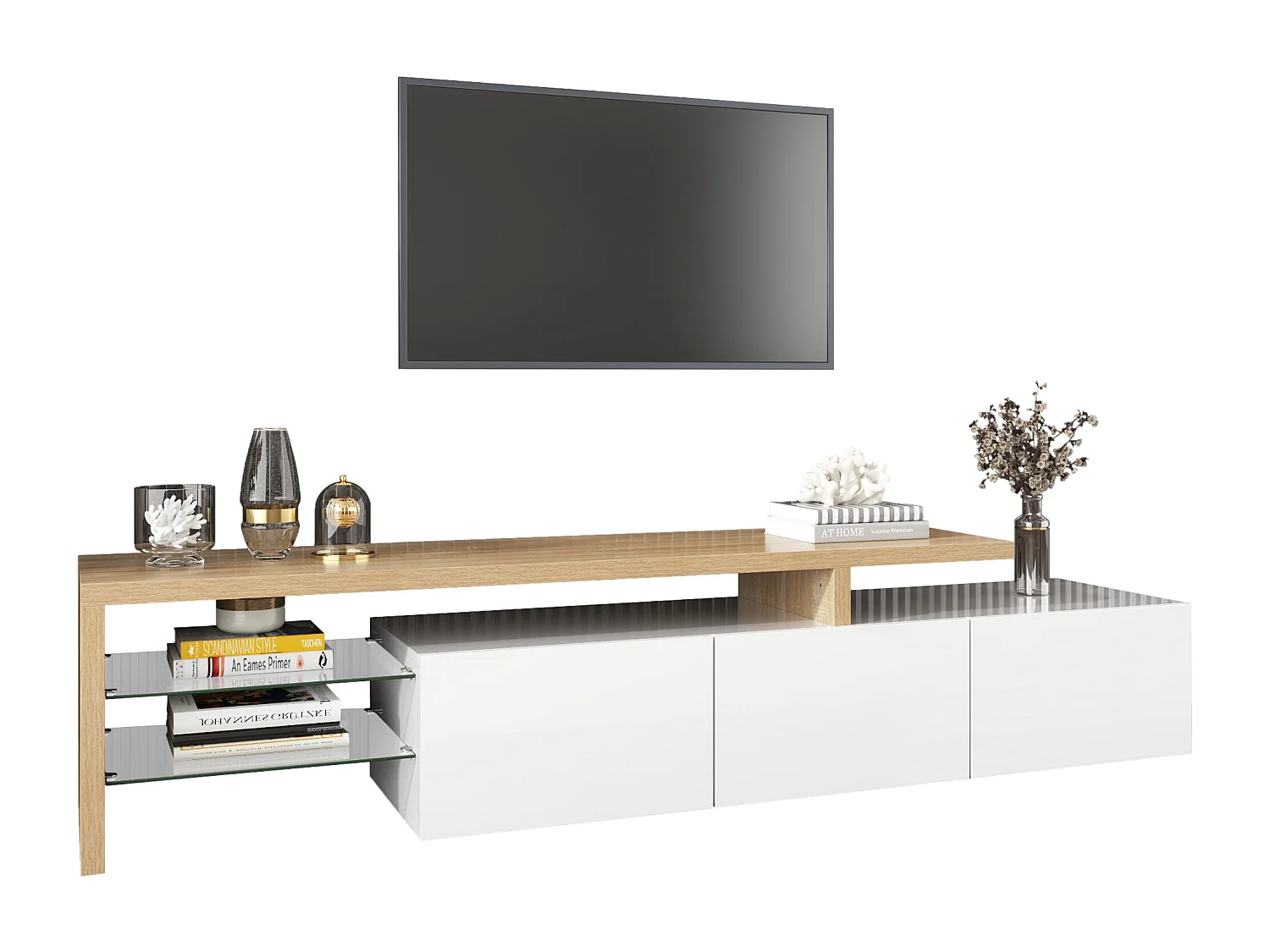 Meuble TV à design moderne 197,5 x 39 x 42 cm, rangement, LED, en E1 MDF+verre, blanc + natural