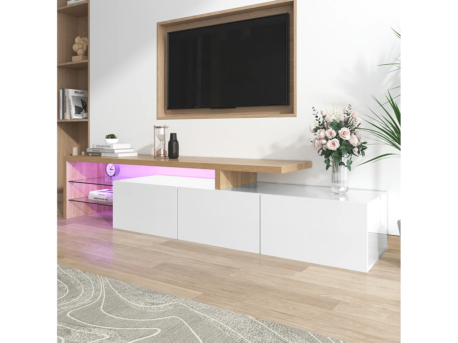 Meuble TV - 3 Portes - Éclairage LED 7 Couleurs - Étagères en Verre - Design Moderne Brillant - 197.5 x 39 x 42 cm En MDF;Verre - Blanc+Naturel