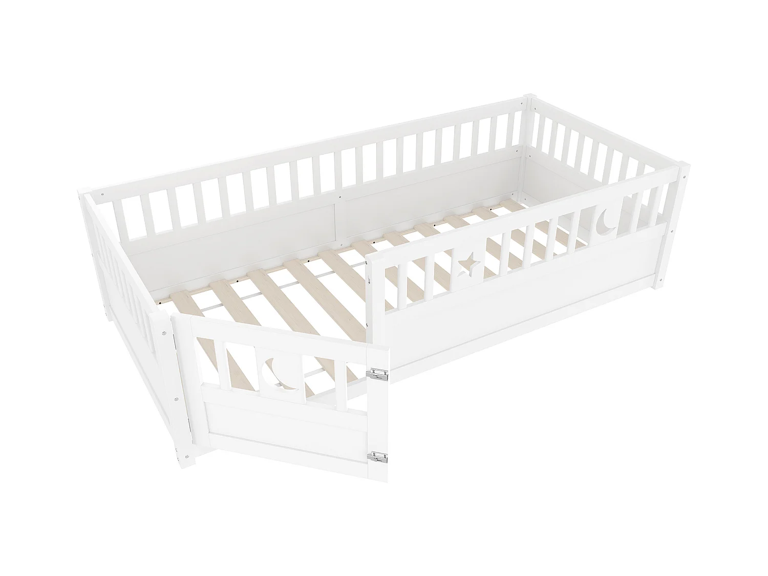 Lit enfant blanc 90 x 190 cm avec barrières de sécurité, décor étoiles et lune, sommier à lattes (sans matelas)