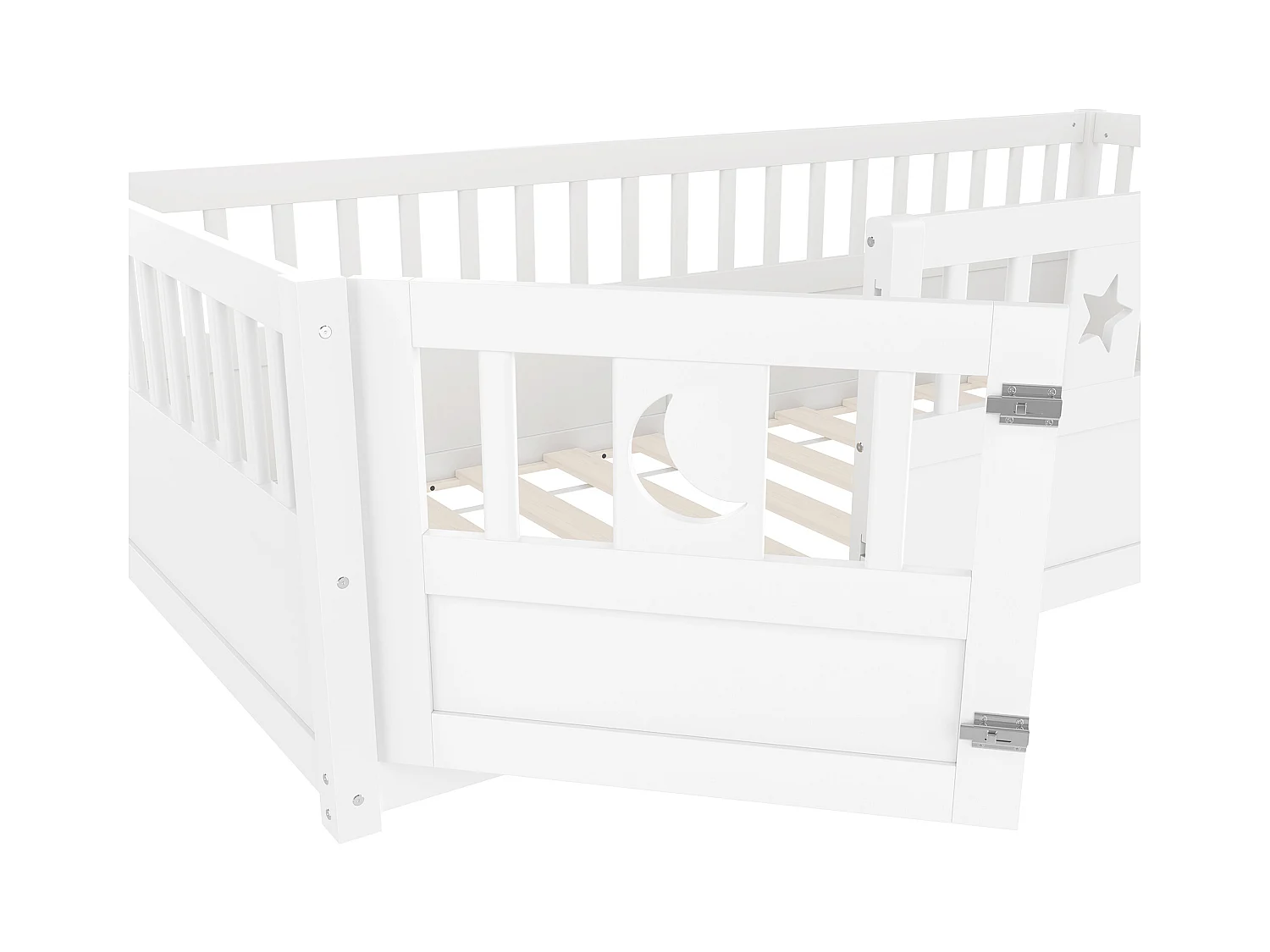 Lit enfant blanc 90 x 190 cm avec barrières de sécurité, décor étoiles et lune, sommier à lattes (sans matelas)