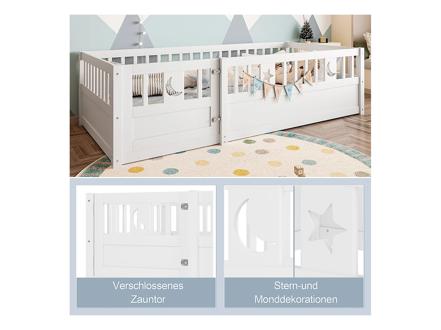 Lit enfant blanc 90 x 190 cm avec barrières de sécurité, décor étoiles et lune, sommier à lattes (sans matelas)