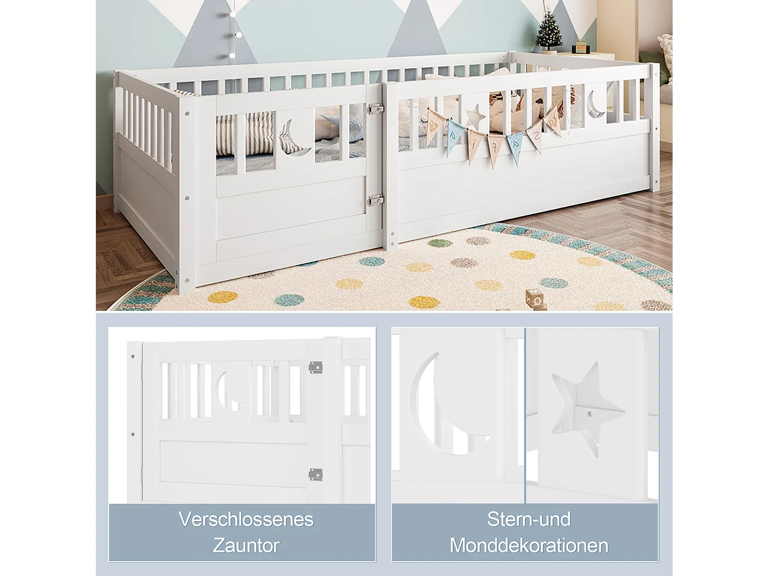 Lit enfant blanc 90 x 190 cm avec barrières de sécurité, décor étoiles et lune, sommier à lattes (sans matelas)