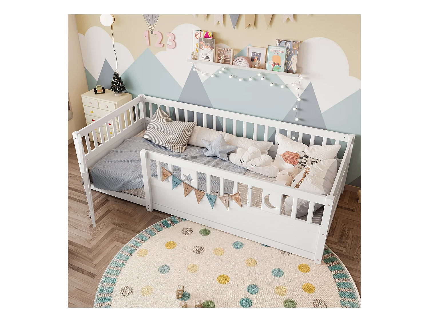 Lit enfant blanc 90x190cm avec barrière de sécurité, décor motif étoiles et lune, sans sommier (sans matelas)