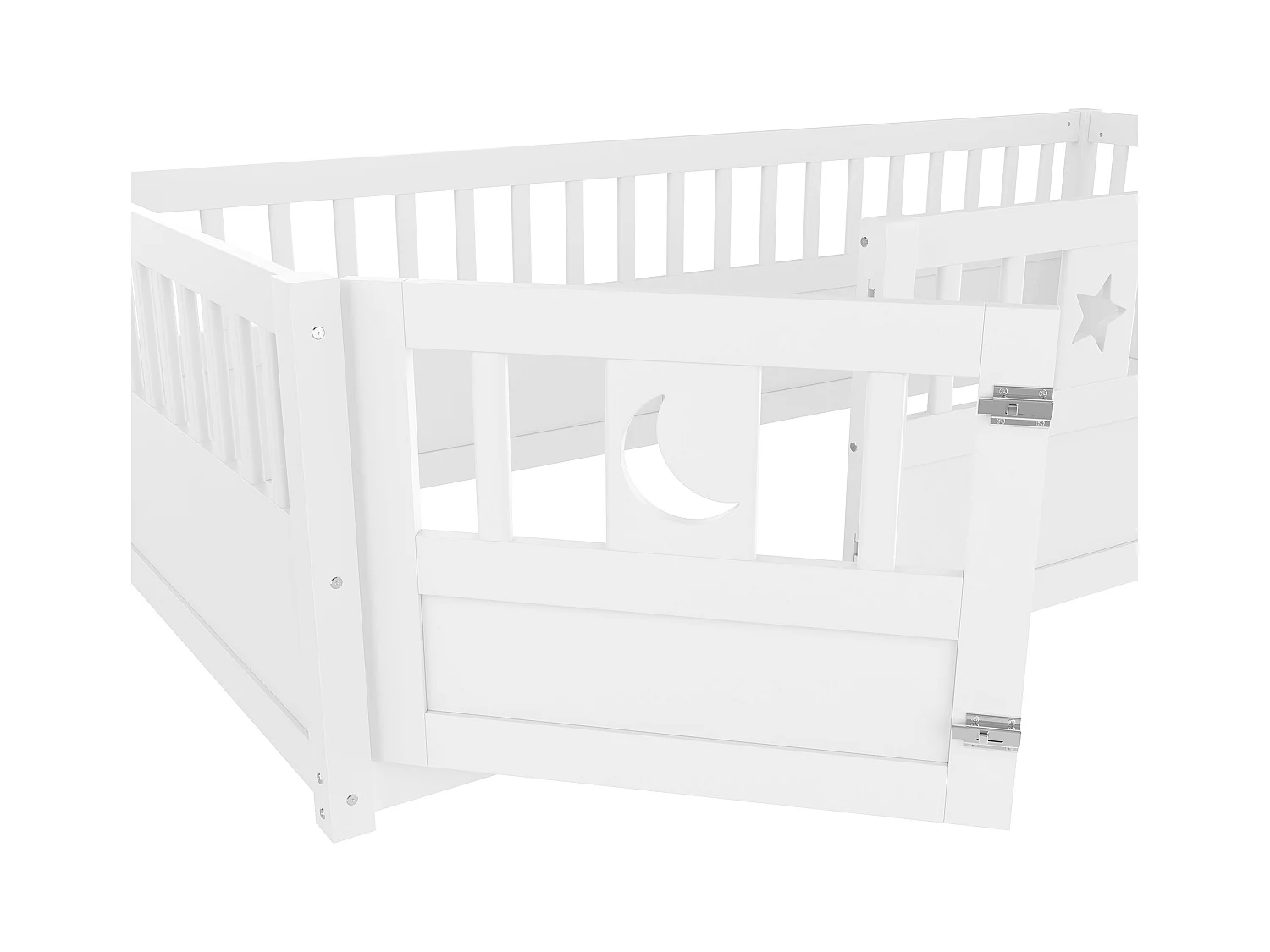 Lit enfant blanc 90x190cm avec barrière de sécurité, décor motif étoiles et lune, sans sommier (sans matelas)