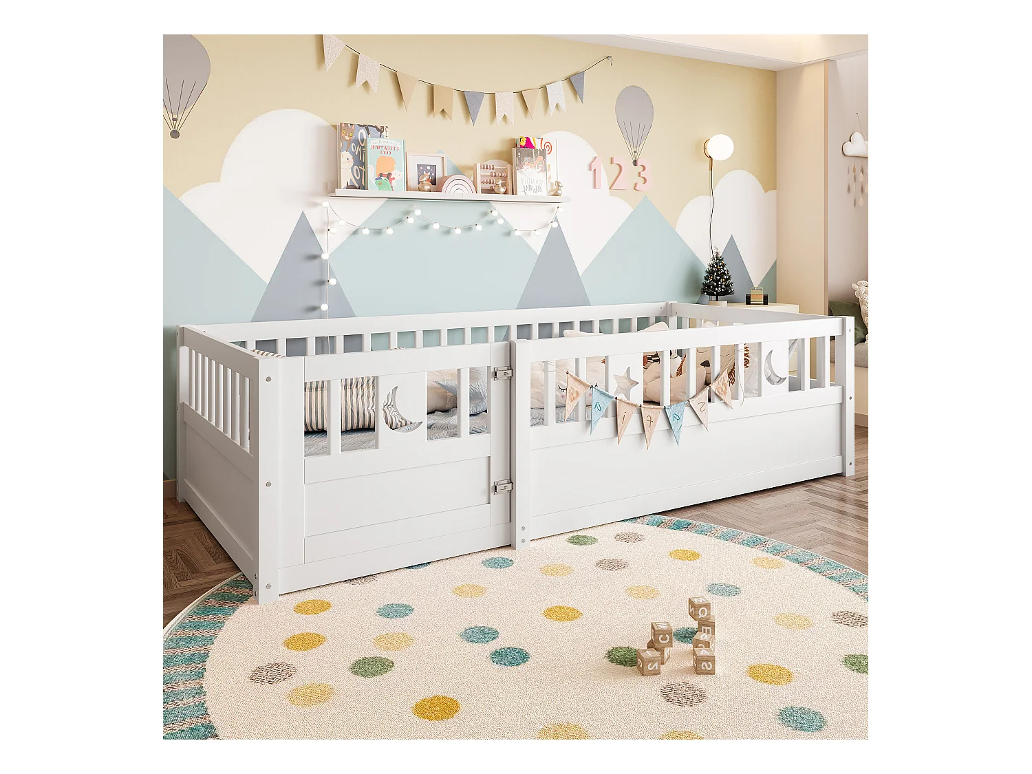 Lit enfant blanc 90x190cm avec barrière de sécurité, décor motif étoiles et lune, sans sommier (sans matelas)