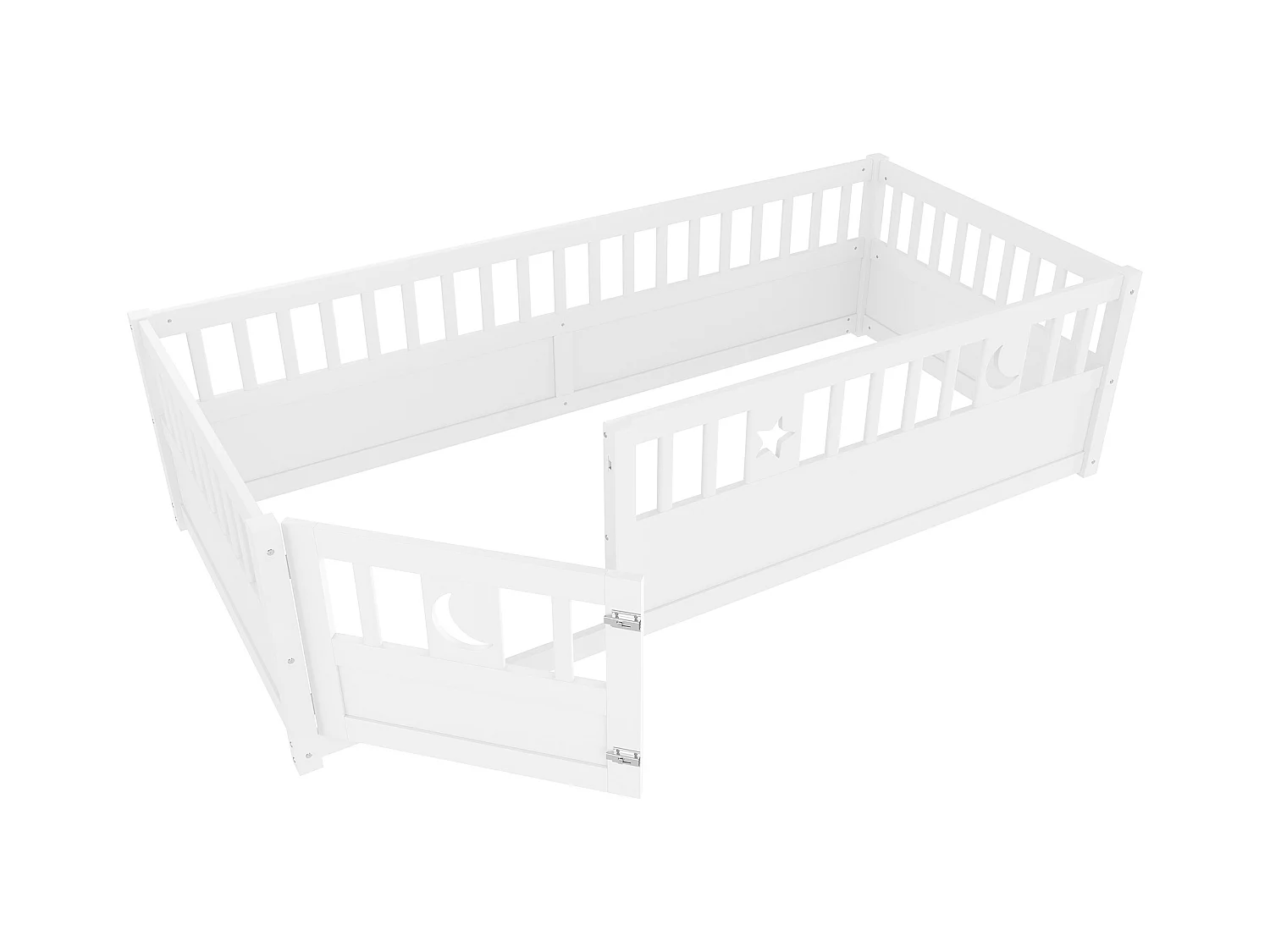 Lit enfant blanc 90x190cm avec barrière de sécurité, décor motif étoiles et lune, sans sommier (sans matelas)