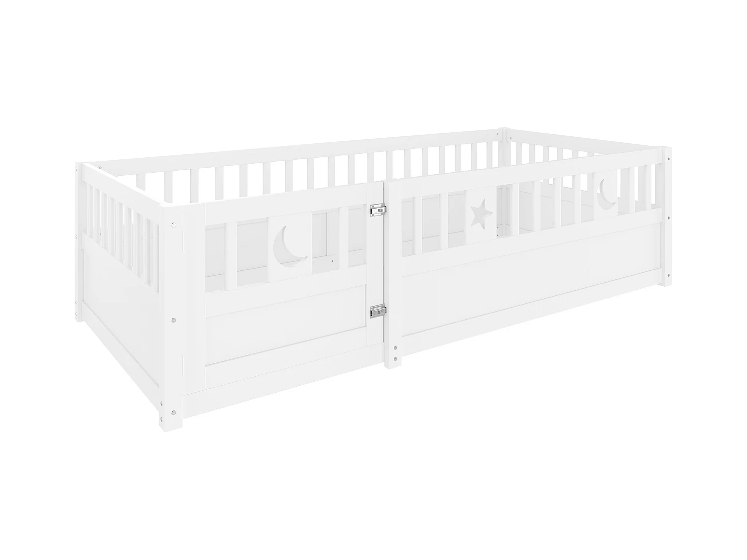 Lit enfant blanc 90x190cm avec barrière de sécurité, décor motif étoiles et lune, sans sommier (sans matelas)