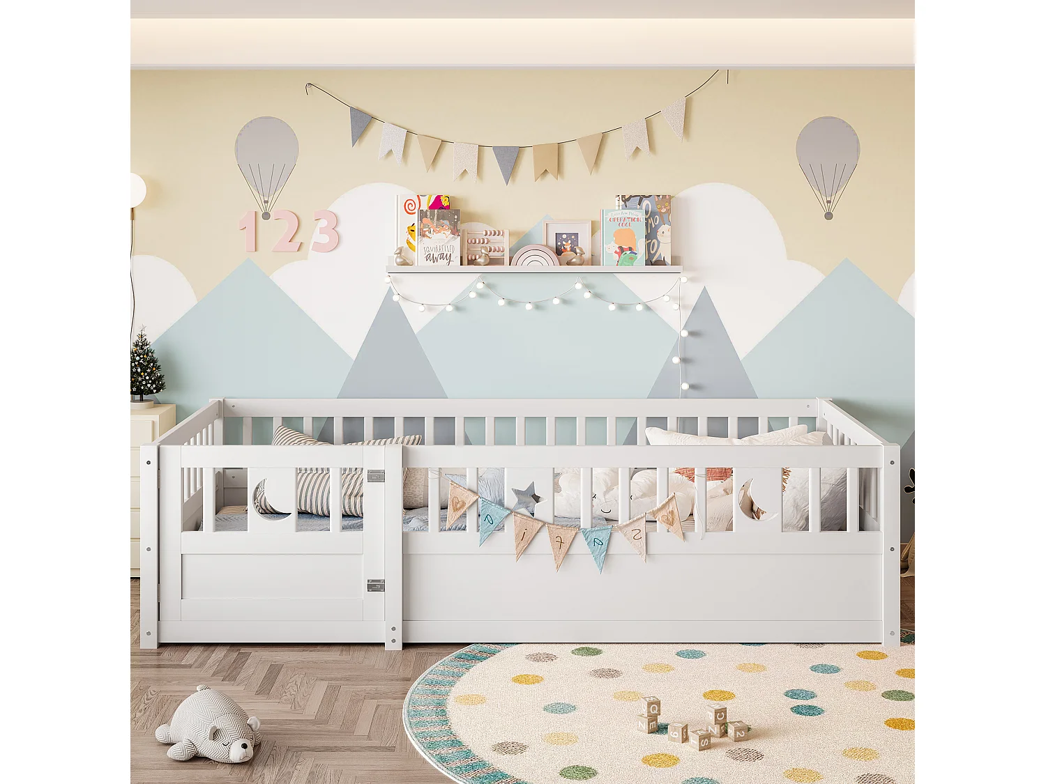 Lit enfant blanc 90x190cm avec barrière de sécurité, décor motif étoiles et lune, sans sommier (sans matelas)