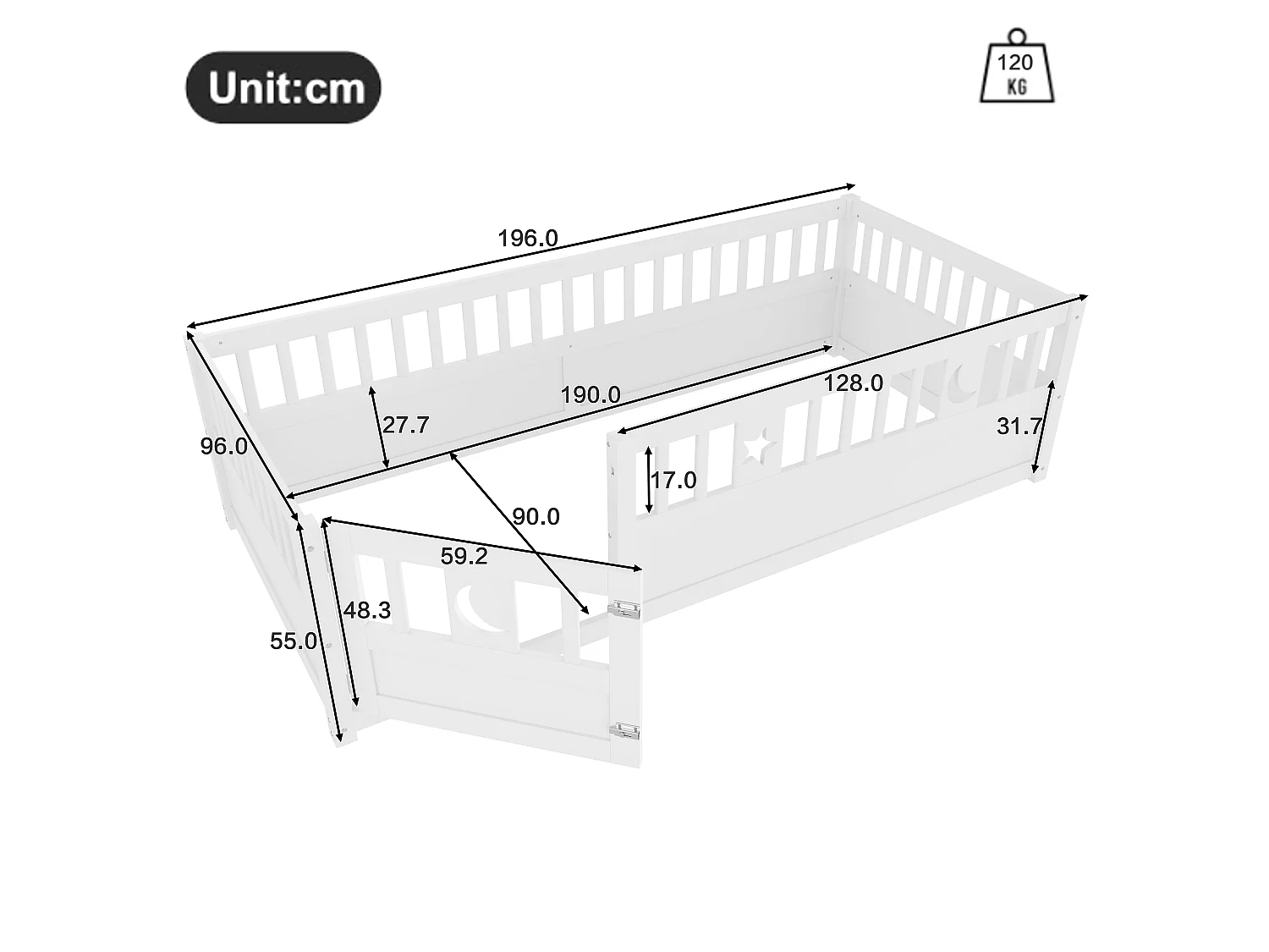 Lit enfant blanc 90x190cm avec barrière de sécurité, décor motif étoiles et lune, sans sommier (sans matelas)