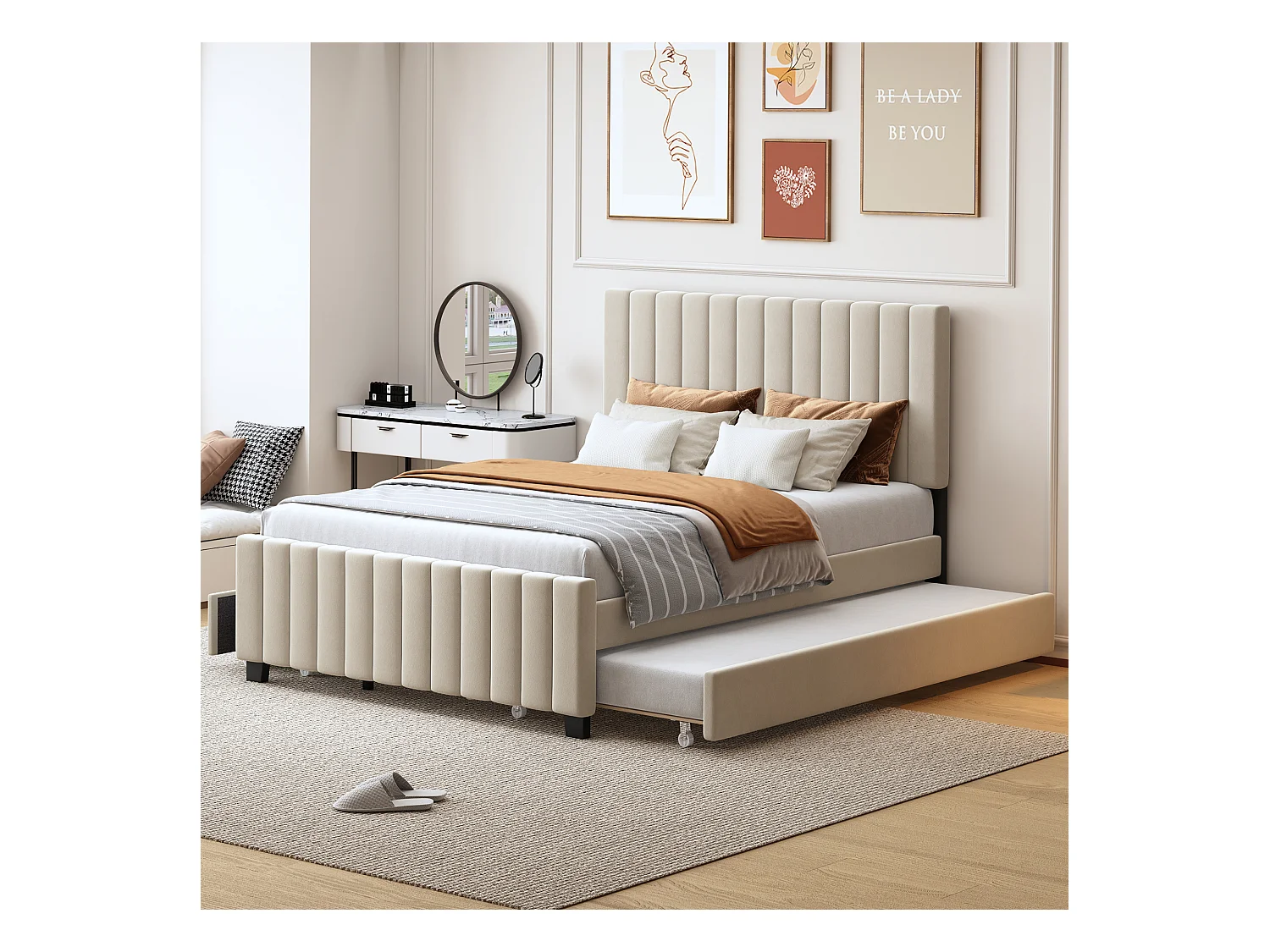 Cadre de lit beige 140x190cm avec lit gigogne 90x190cm, lit adulte avec 2 tiroirs, sans matelas