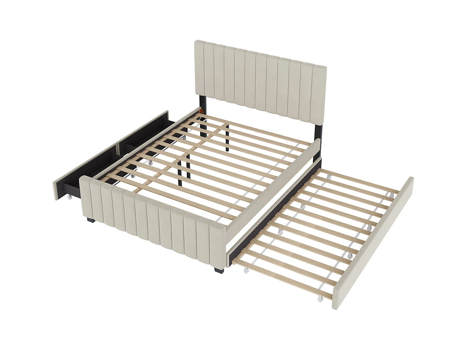 Cadre de lit beige 140x190cm avec lit gigogne 90x190cm, lit adulte avec 2 tiroirs, sans matelas