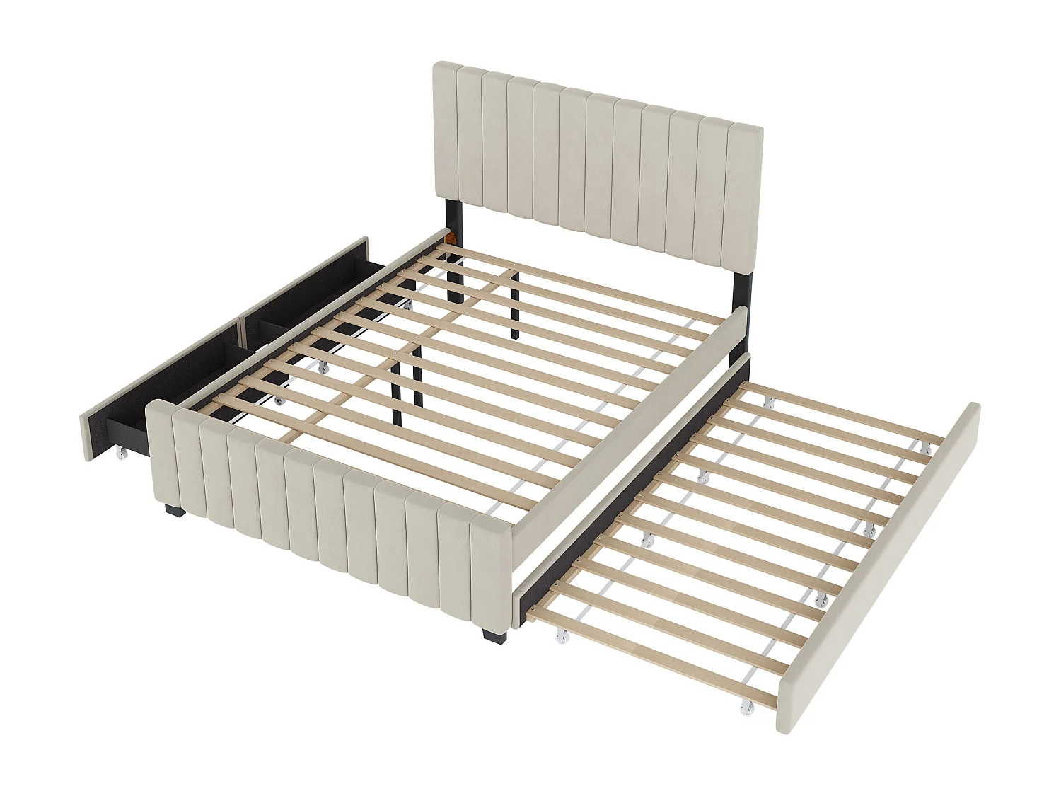 Cadre de lit beige 140x190cm avec lit gigogne 90x190cm, lit adulte avec 2 tiroirs, sans matelas