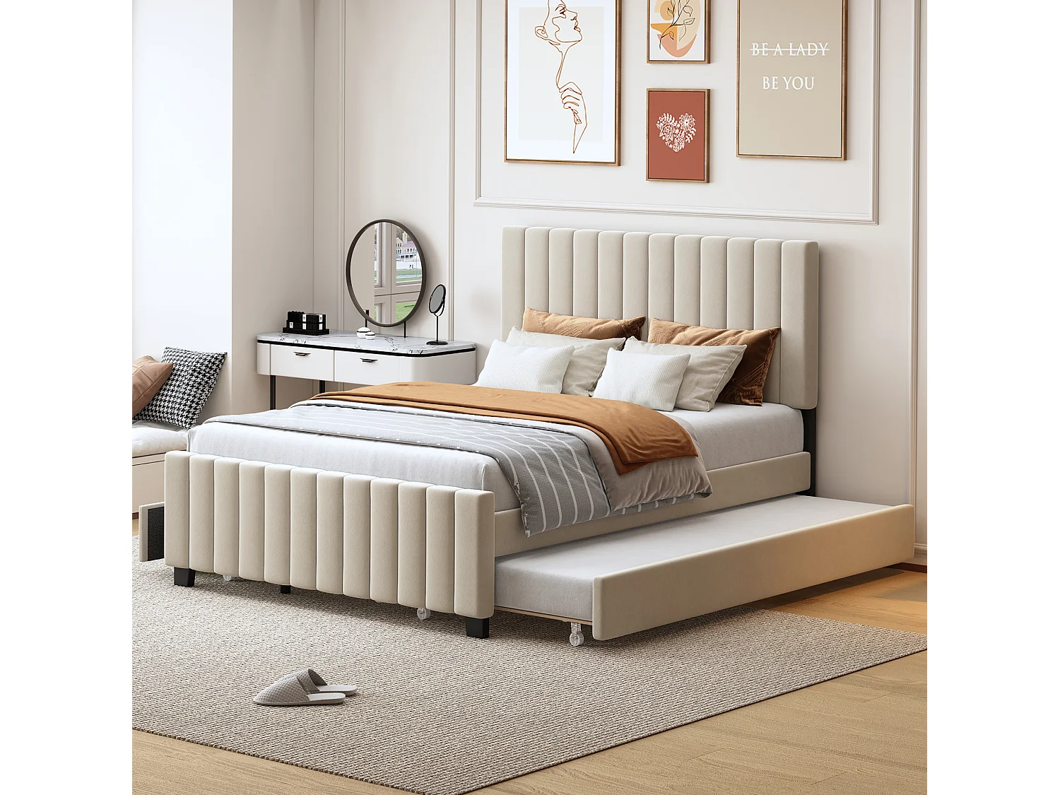 Cadre de lit beige 140x190cm avec lit gigogne 90x190cm, lit adulte avec 2 tiroirs, sans matelas