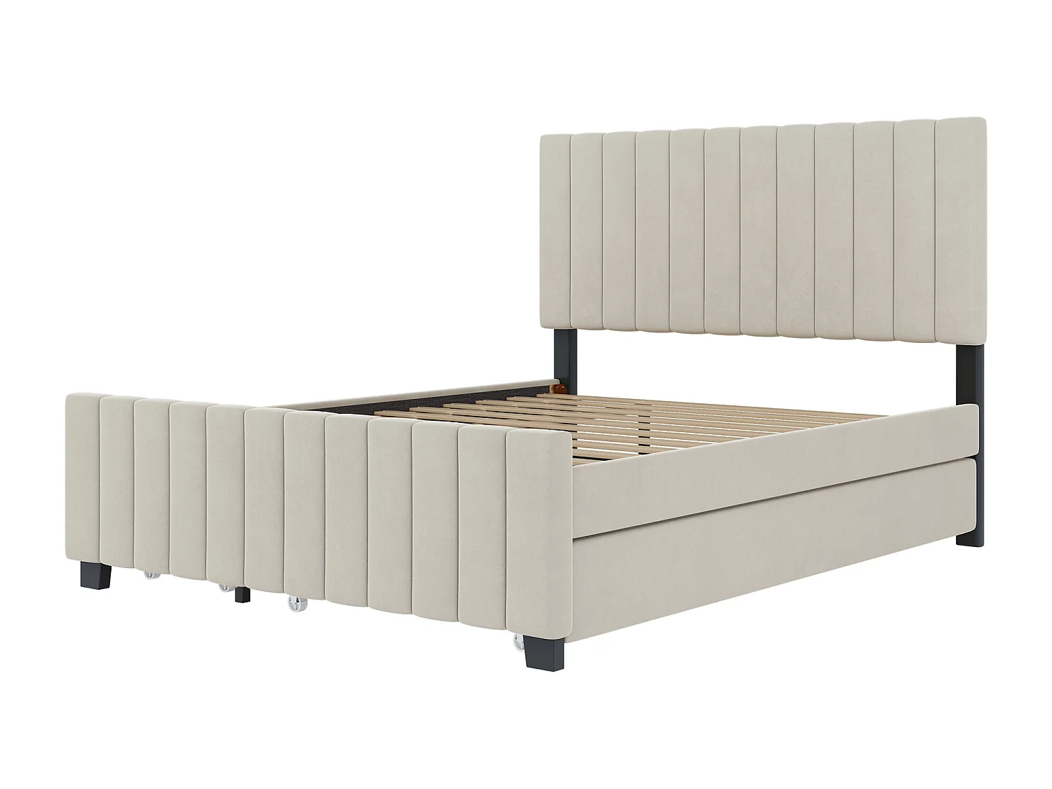 Cadre de lit beige 140x190cm avec lit gigogne 90x190cm, lit adulte avec 2 tiroirs, sans matelas